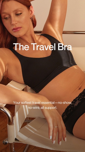 A high-quality 9:16 vertical image featuring a model wearing a comfortable travel bra, emphasizing utility through minimalist design and clear, direct copy.